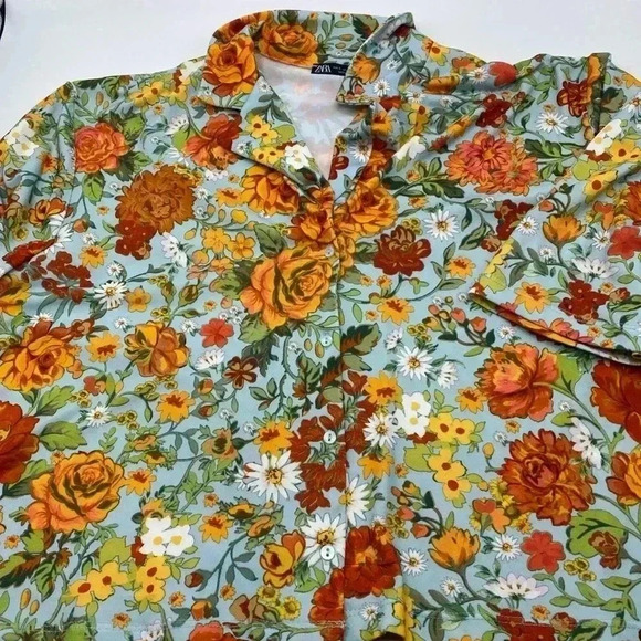 ZARA Floral Tropical Pallazzo Shirt Blue Orange Yellow Retro Button Down Small - Picture 1 of 6